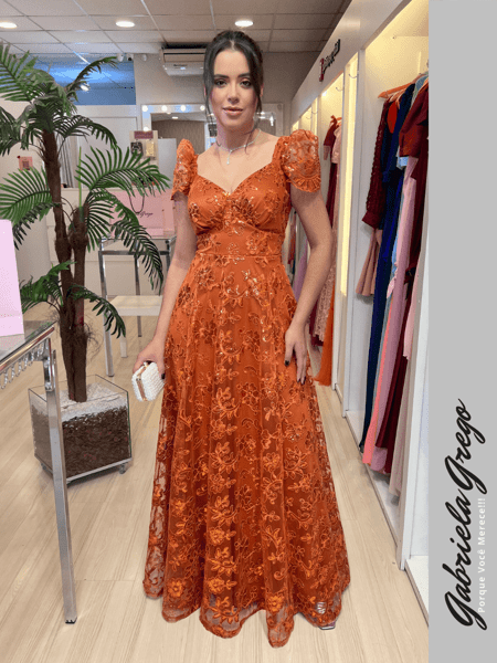 Vestido de Festa Longo Evasê Terracota em Tule Rendado com Paete e