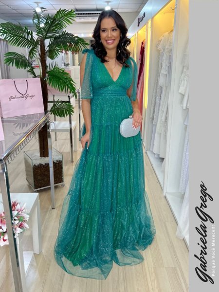 Vestido de Festa Longo em Tule de Brilho Verde Esmeralda, Saia