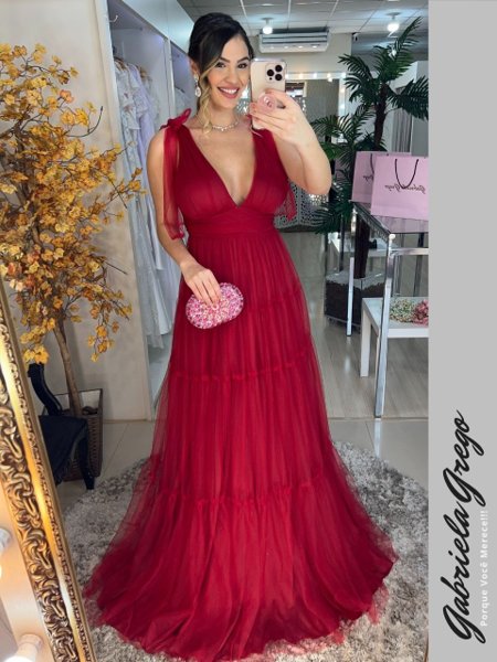 Vestido de Festa Longo em Tule Vermelho Paixão, Saia Três Marias e