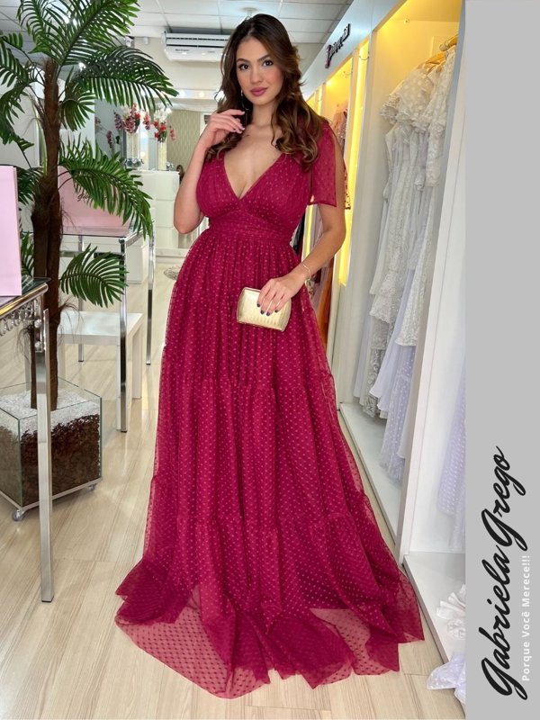 Vestido de Festa Longo em Tule Poá Fúcsia, Saia Três Marias e Laço