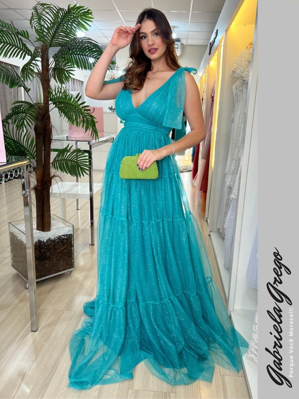 Vestido de Festa Longo em Tule de Brilho Verde Tiffany 2, Saia