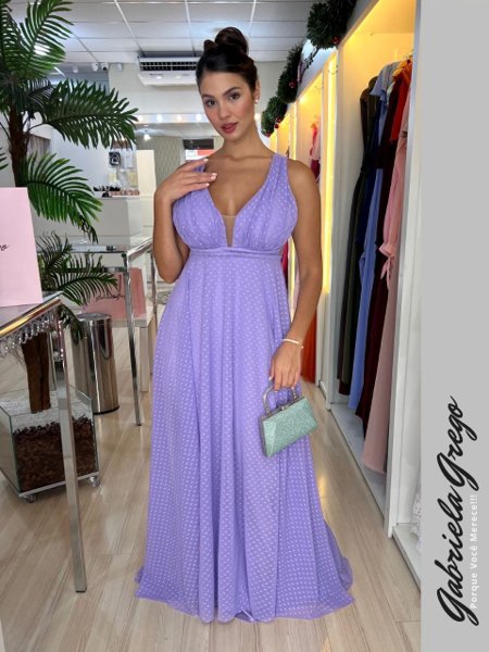 Vestido de Festa Longo Lilás em Tule Poá Gabriela Grego