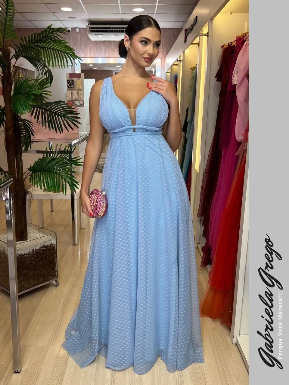 Vestido de Festa Longo Azul Serenity em Tule Poá Gabriela Grego