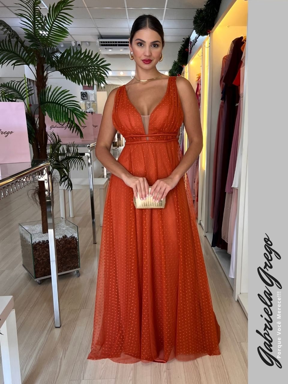 Vestido de Festa Longo Terracota em Tule Poá Gabriela Grego