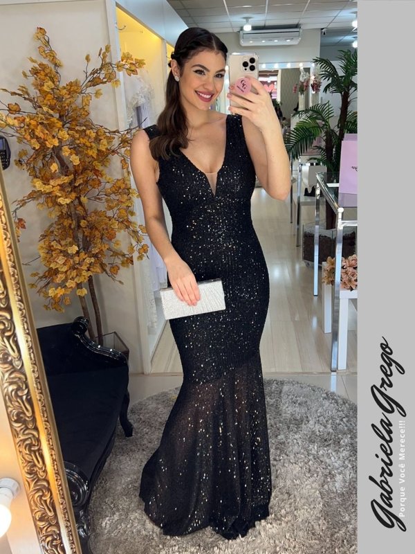 Vestido de Festa Longo Sereia Preto Paetizado Gabriela Grego