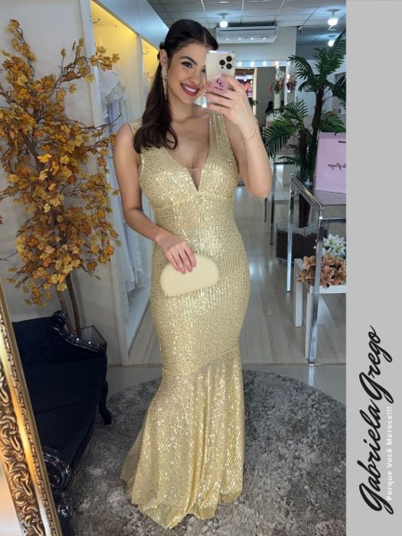 Vestido Longo Sereia Dourado Paetizado Gabriela Grego