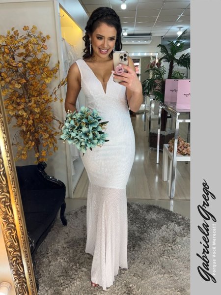 Vestido de Noiva Longo Sereia Branco Paetizado/ INDICADO PARA