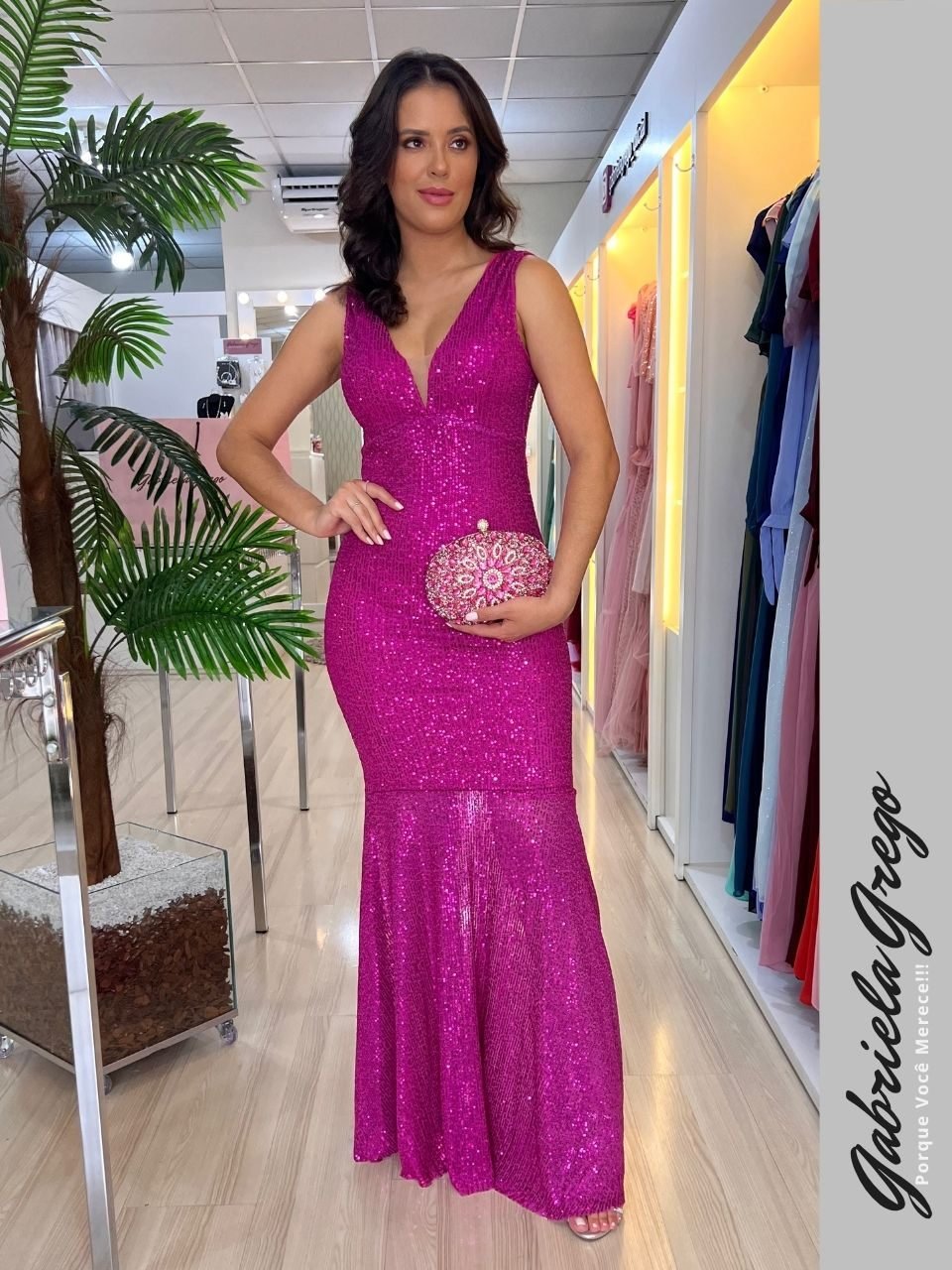 Vestido de Festa Longo Sereia Fúcsia Paetizado Gabriela Grego