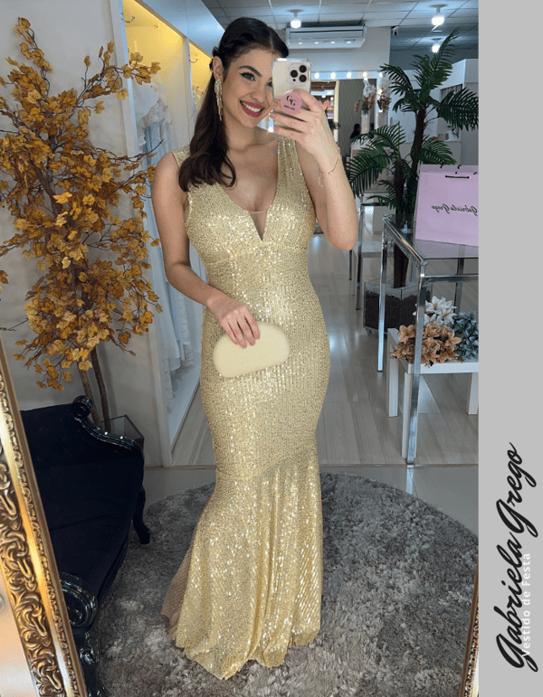 Vestido longo festa dourado fashion