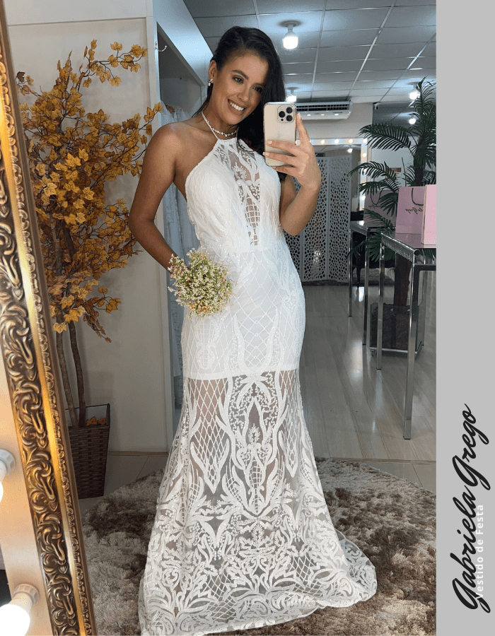 Vestido Longo Sereia em Renda Paetizada Branco, Casamento Civil