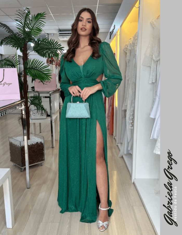 Verde Esmeralda Vestido Festa Com Manga Vestido Verde Esmeralda