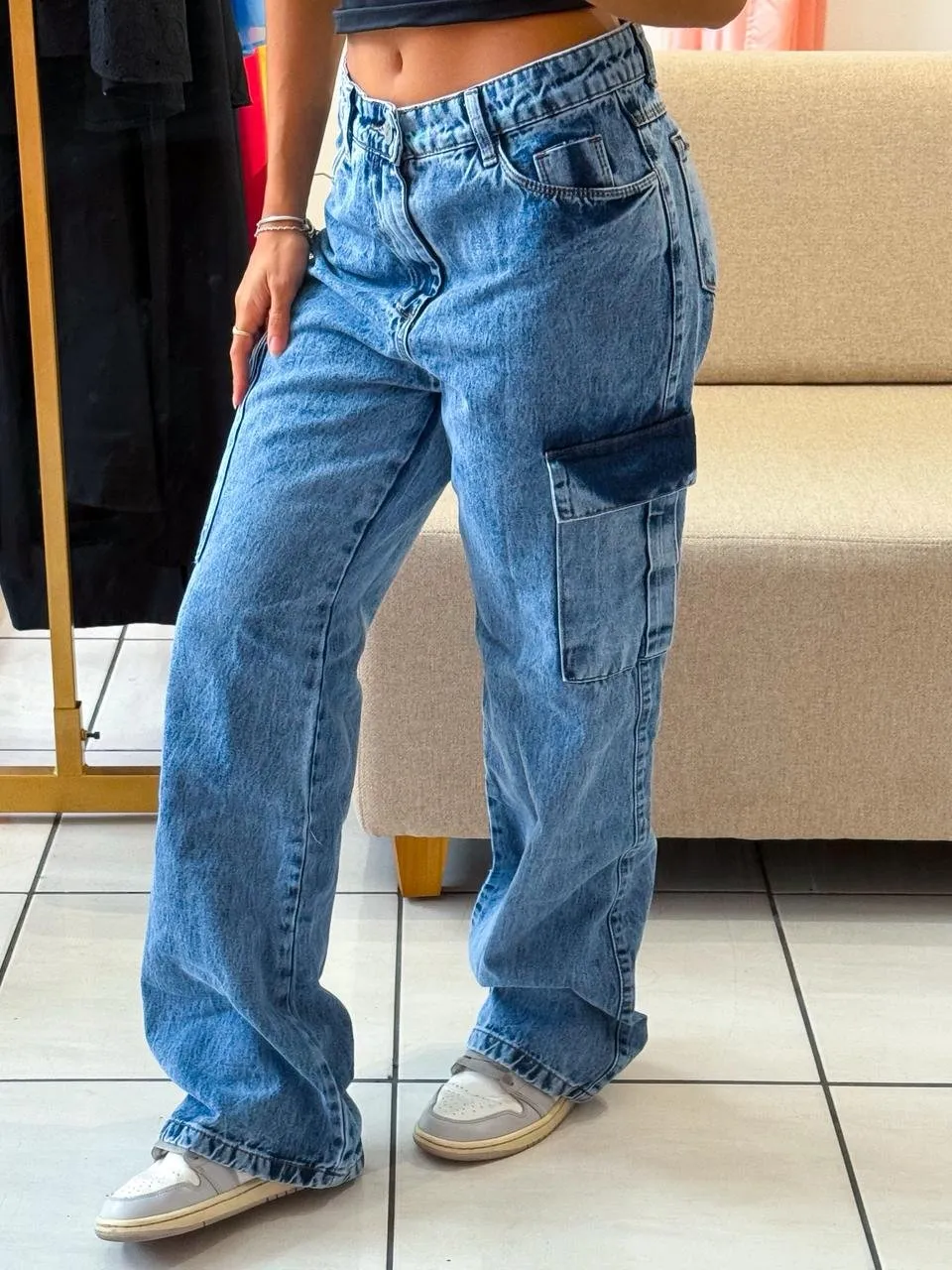 Calça Cargo Jeans Claro