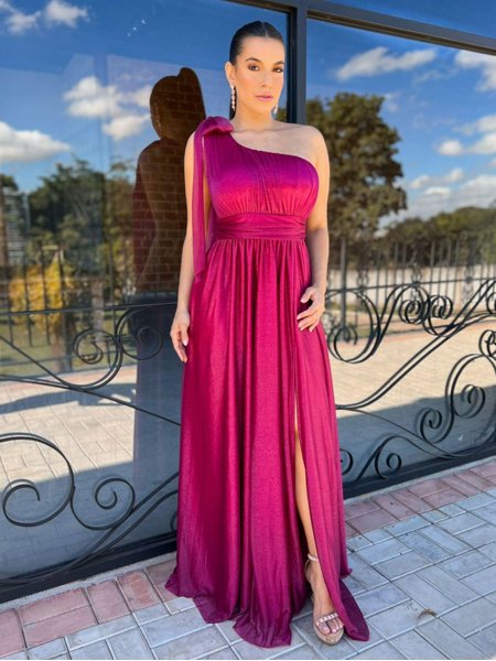 Vestido Longo Lurex Brilho Alça Única Saphira Dress Moda Festa