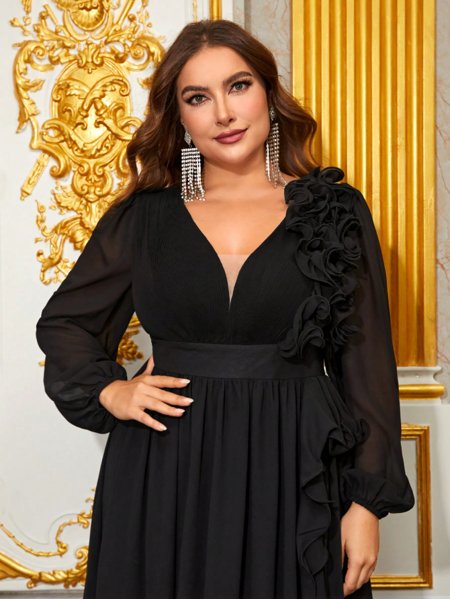 Plus Size Vestido De Paete Preto Manga Longa Vestido Curto Vestido
