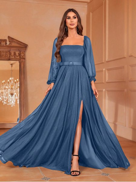 Gola Alta Vestido Longo Manga Comprida Festa Vestido De Festa