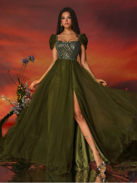 Vestido Longo de Festa Lantejoulas com Fenda Zambella Saphira - Main Image