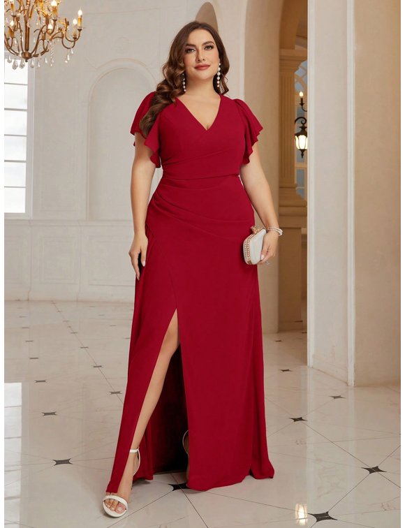 Vestido Longo Plus Babado e Fenda Lateral Chiffon | Saphira Dress | Moda  Festa & Plus Size | Tornando sua celebrao um momento inesquecvel!