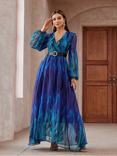Vestido Longo de Festa Manga Longa com Cinto Ocean Saphira Dress
