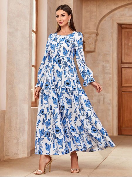 Vestido Estampado Vestido Manga Longa Simples Vestido Longo