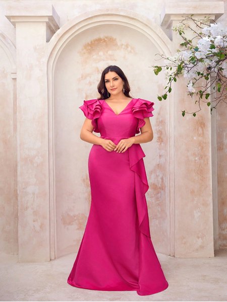 Vestido de Festa Plus Cetim Mangas com Babados Saphira Dress