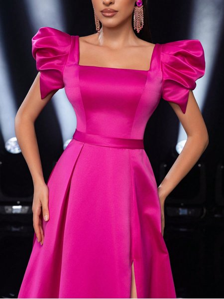 Vestido de Festa Cetim Manga Bufante Fenda Roselia Saphira Dress