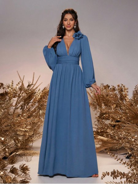 Vestido Longo Chiffon Manga Longa Detalhe Floral Saphira Dress