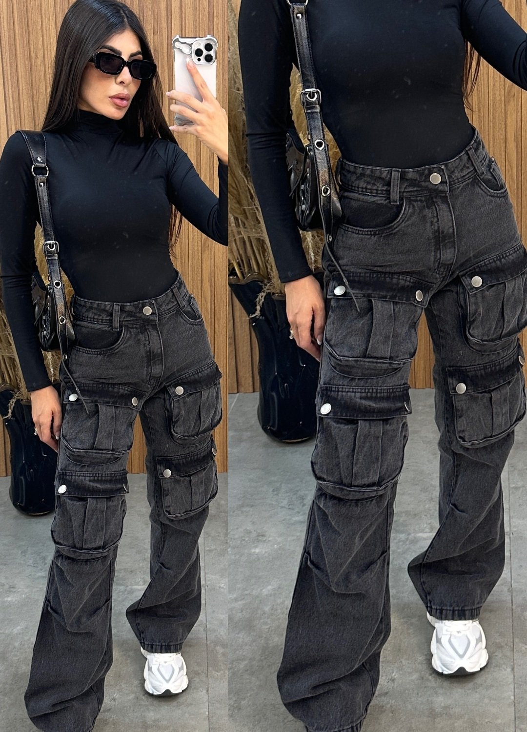 Calça Maxi Cargo Jeans - Preta | Guria Store
