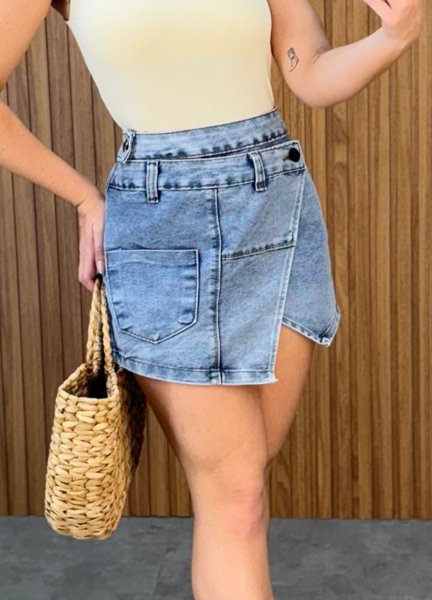 Saia Jeans Curta Envelope Lavagem Média Guria Store