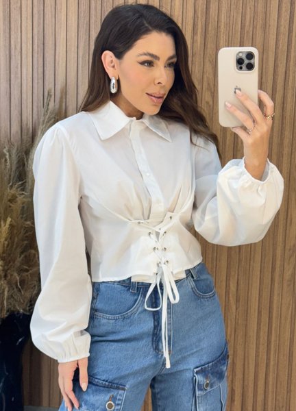 Camisa Cropped Sheila Manga Longa - Branco | Guria Store