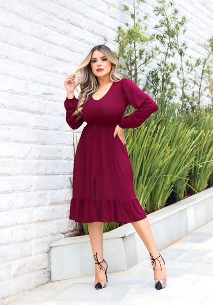 Vestido Vinho Marsala Midi Vestido Midi Viscolycra Manga Longa