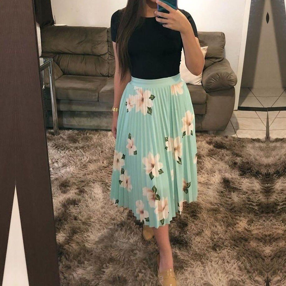Saia Midi Plissada Floral Verde Água