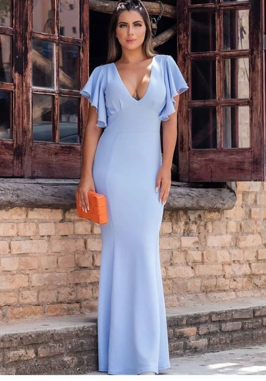Vestido de Festa Longo Decote V em Crepe Azul Serenity Victorias
