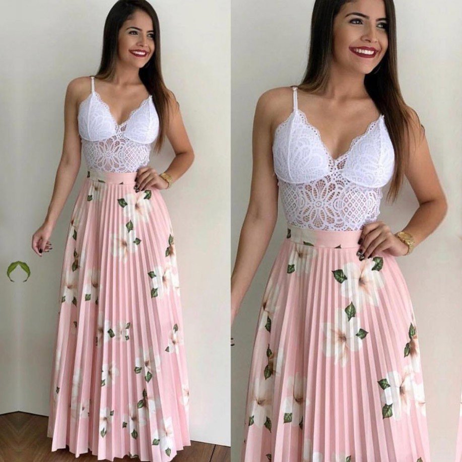 Saia plissada floral longa fashion