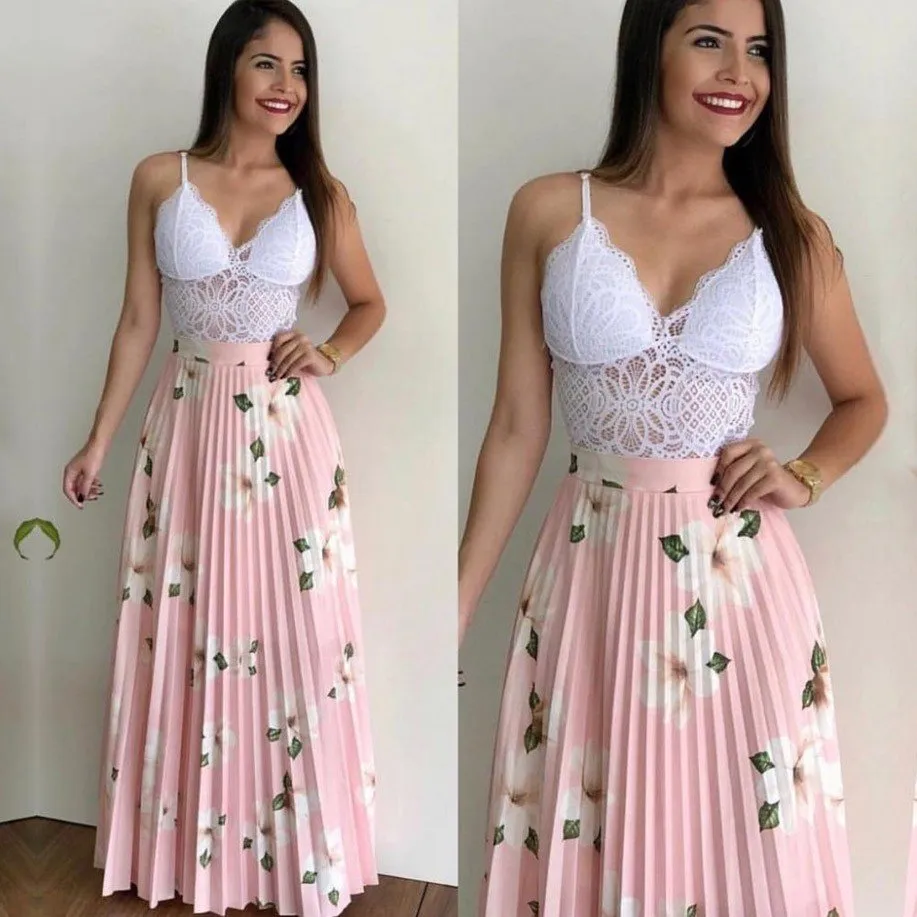 Saia Longa Plissada Floral Rosa Victorias Fashion