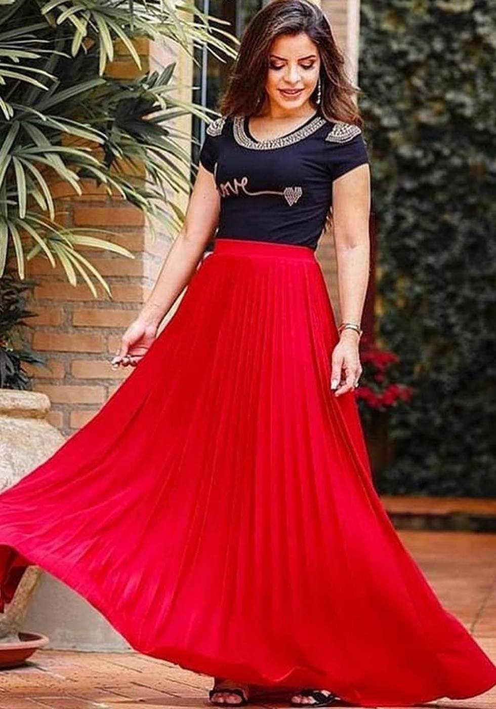 moda evangelica saia vermelha comprida