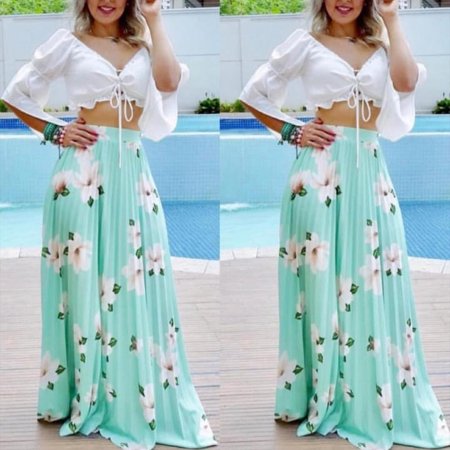 Saia Longa Plissada Floral Verde Água Victorias Fashion