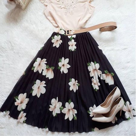 Saia Midi Plissada Floral Preta | Victorias Fashion