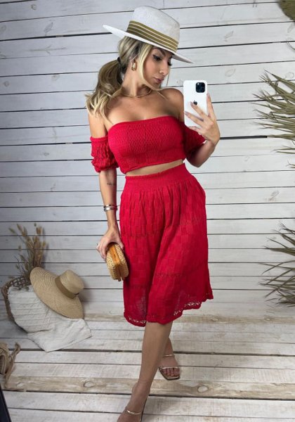 Conjunto de saia no joelho e cropped ciganinha Vermelho