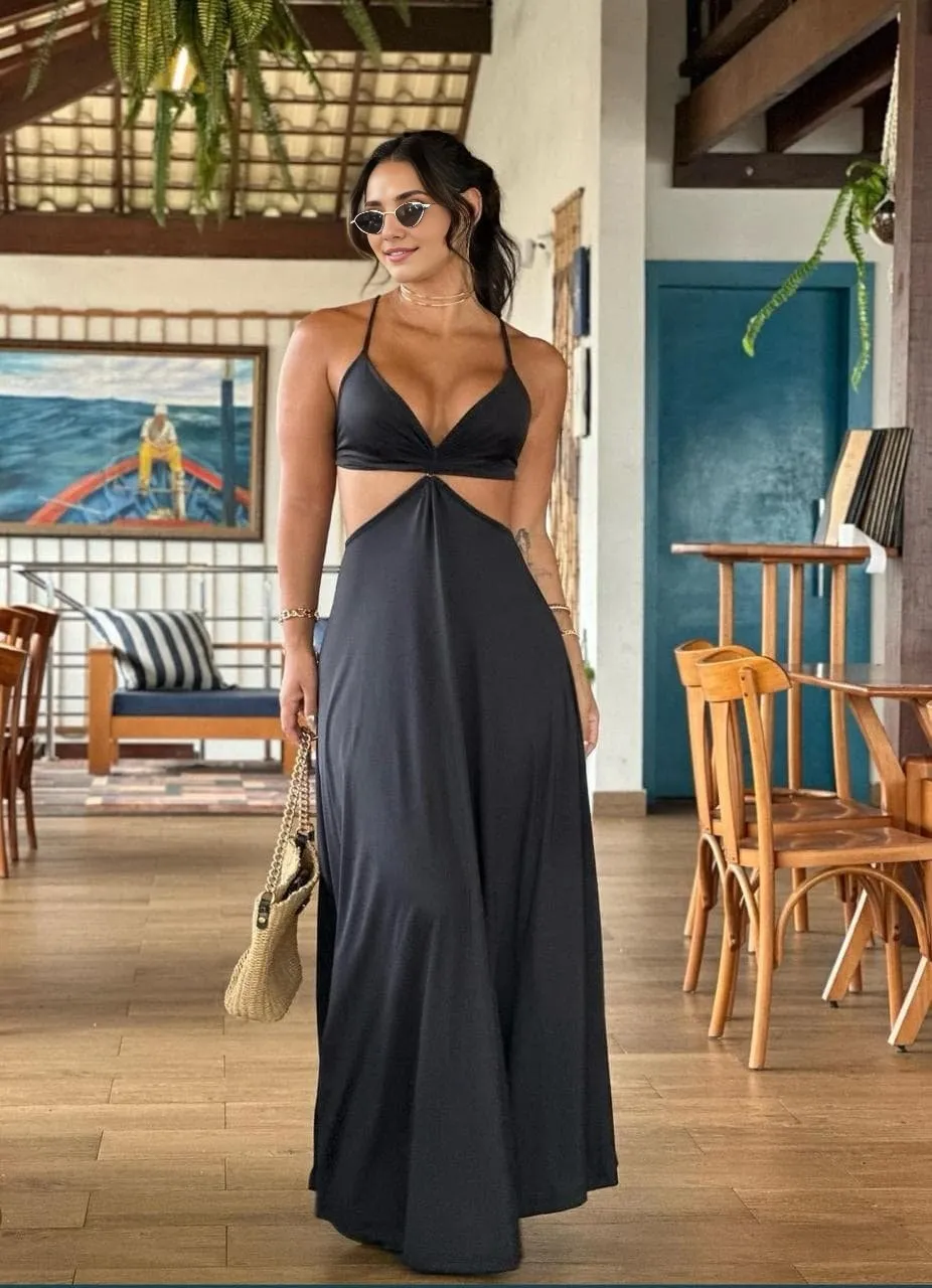 Nas Costas Vestido Longo Preto Decotado Vestido Longo De Cetim Com