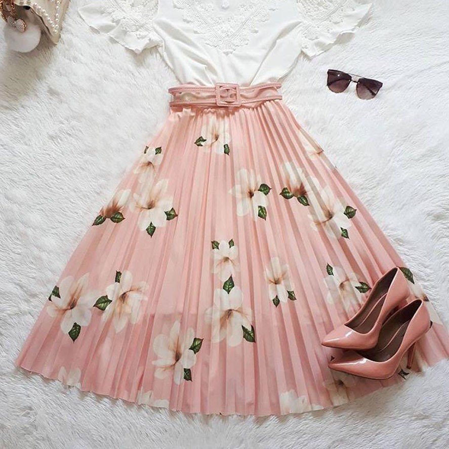 Plissada Estampada Saia Plissada Longa Pink Plissada Floral Saia