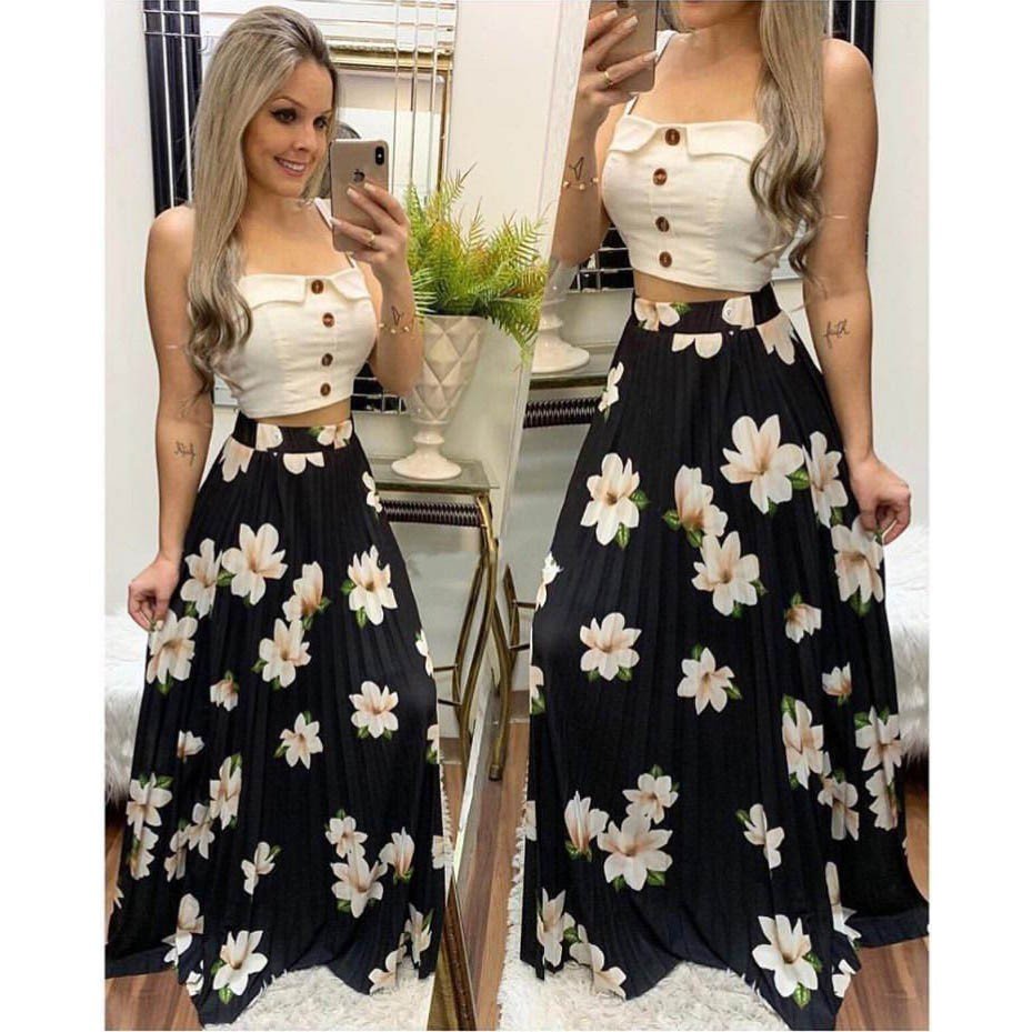 Saia Longa Plissada Floral Preta Victorias Fashion