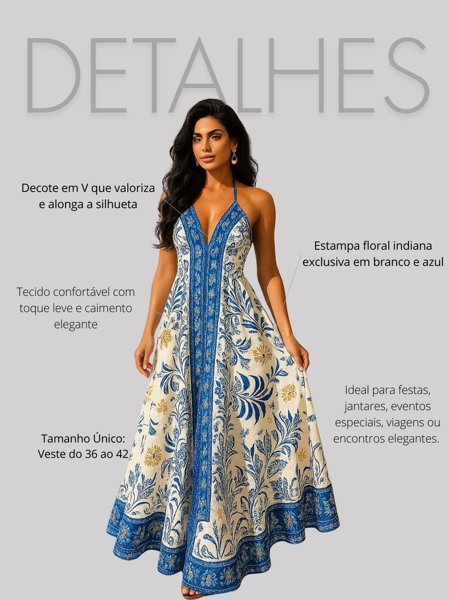 Vestido Longo Indiano Estampa Floral Branco e Azul Victoria's