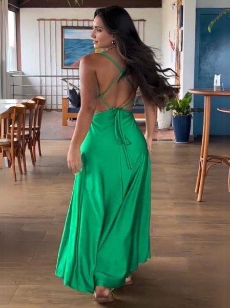 Verde Vestido Detalhe Nas Costas Vestido Longo Decote V Costas Nua