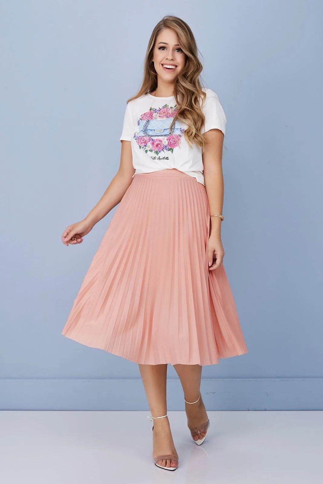 Blusa Saia Plissada Midi Pink Saia Midi Plissada Rosê Victorias