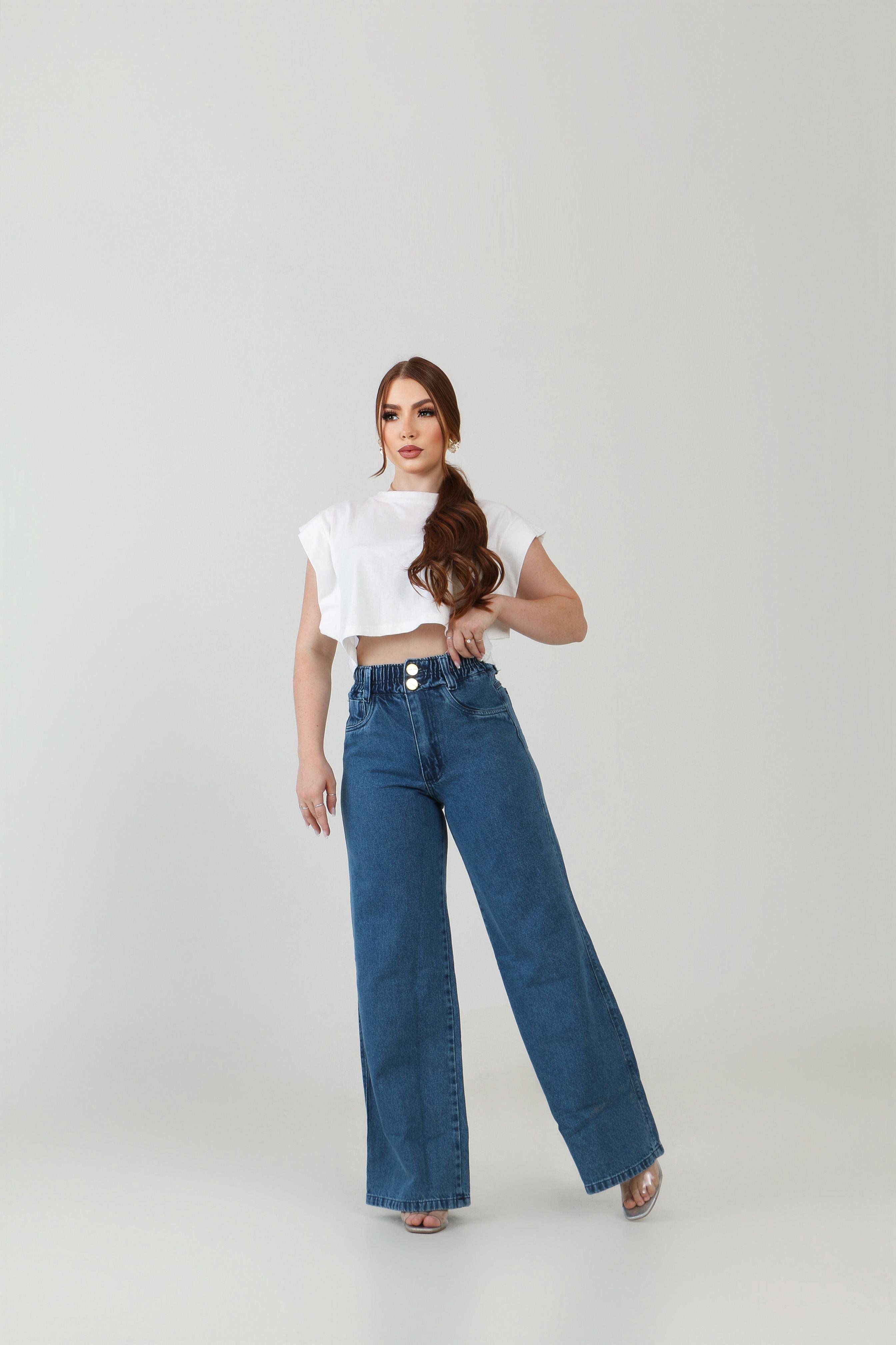Calça Wide Leg Jeans Feminina com Elástico na Cintura