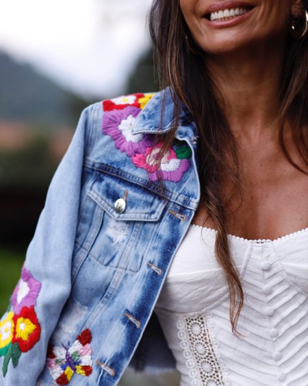 Jeans Bordado Jaqueta Jeans Feminina Acinturada Jaqueta Bordada