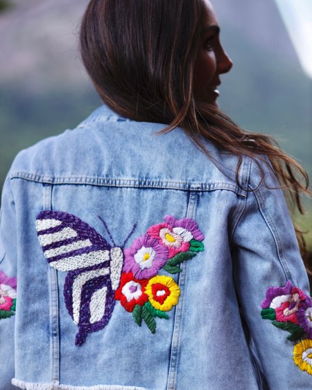 Pedraria Jaqueta Bordada Feminina Jaqueta Jeans Bordada Pedraria
