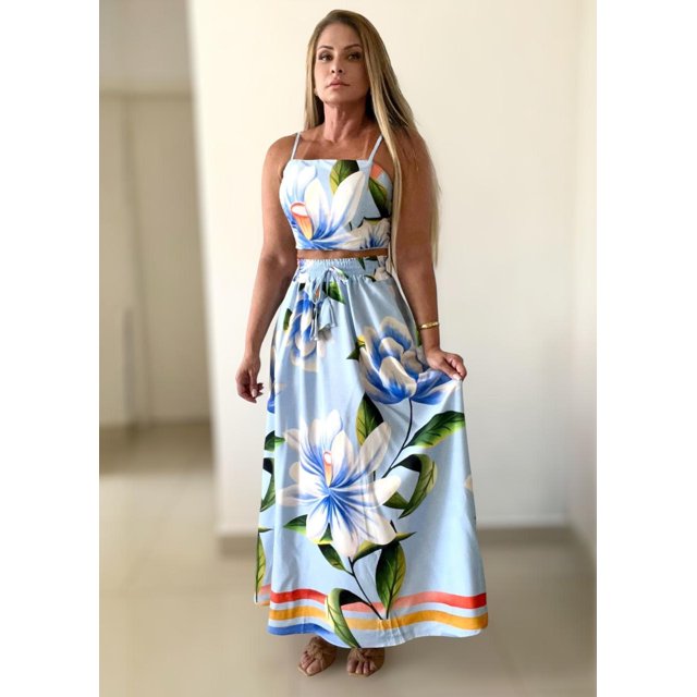 Conjunto de Saia Longa e Cropped Estampa Floral Azul