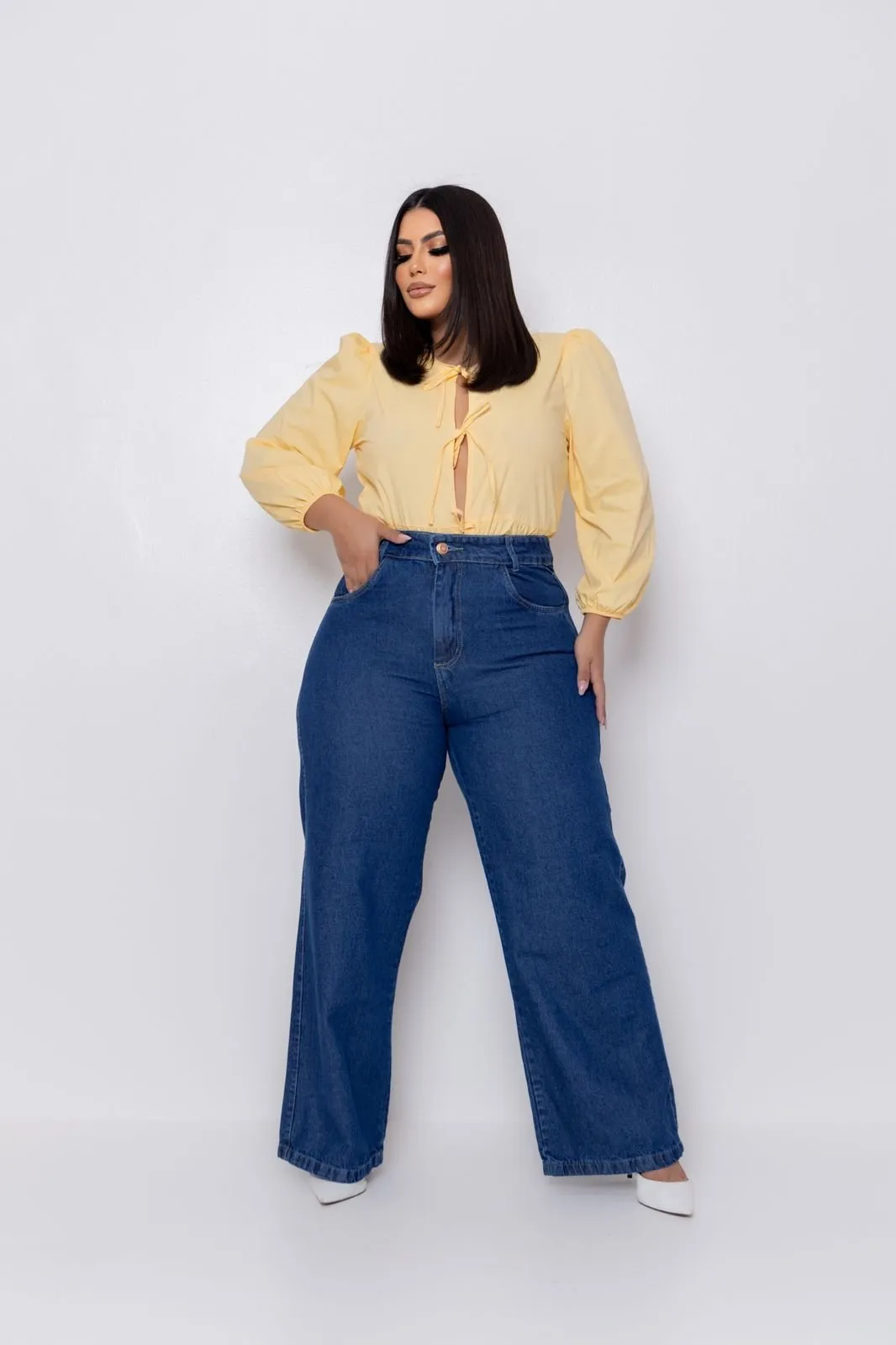 Calça Jeans Pantalona Wide Leg Plus Size Premium