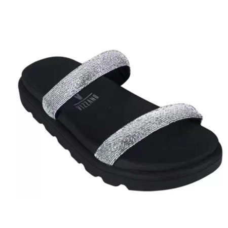 Chinelo Papete Vizzano Flatform Tiras Strass Preto Brilho Usedeju
